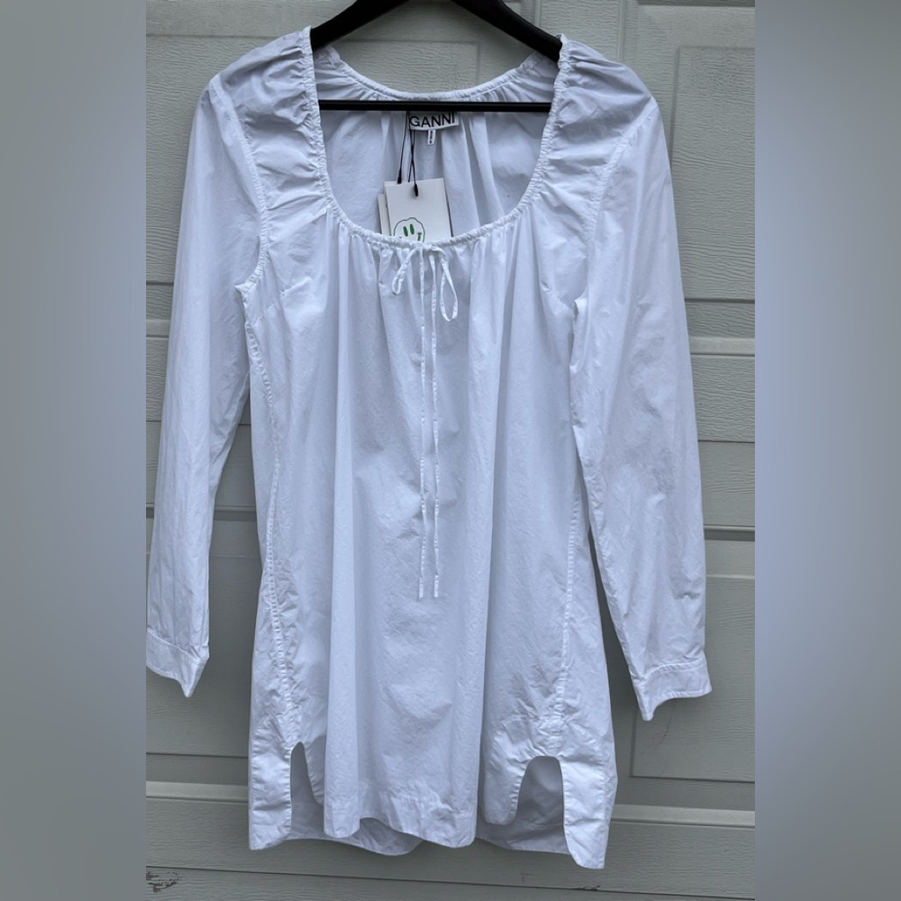 Women's Ganni Cotton Poplin Square Neck Mini Dress white  Size 38 NWT